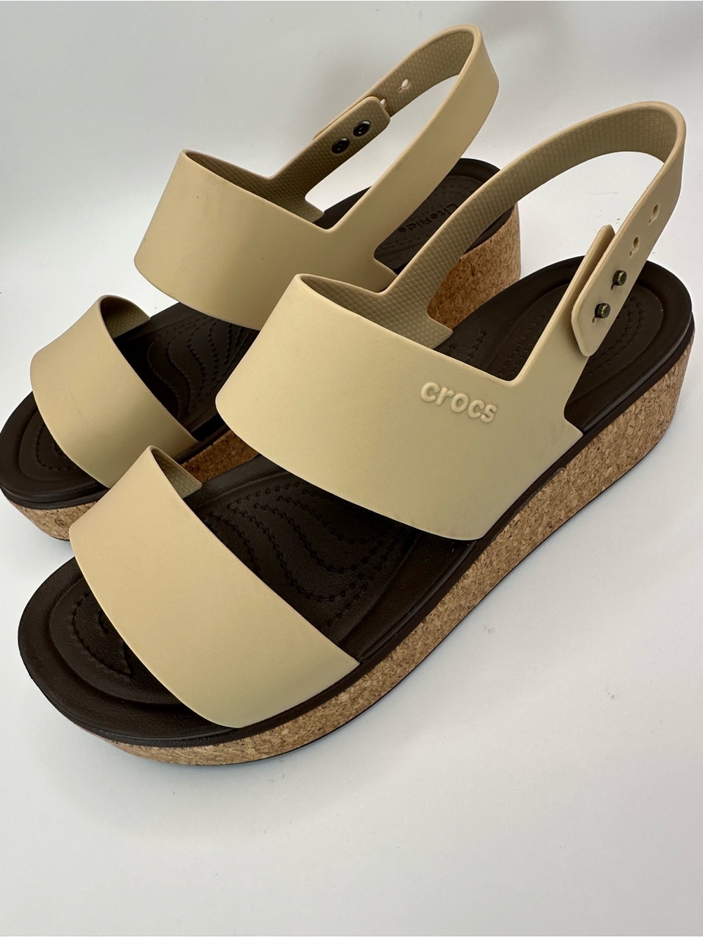 CROCS Women's Neutral Beige Cork-Style Wedge Sandals